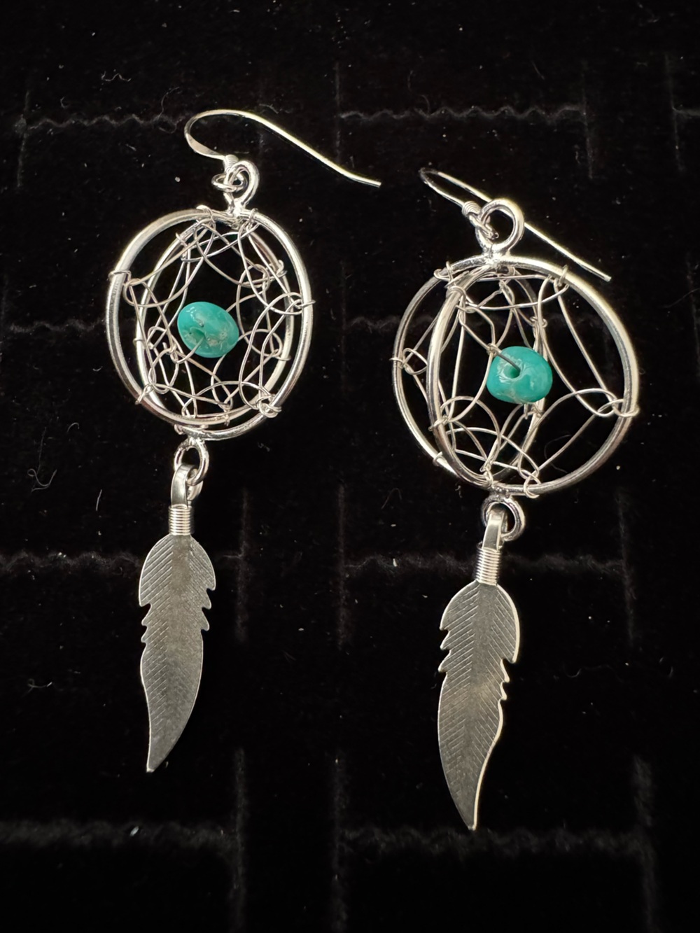 Genuine Turquoise Stone Dreamcatcher Feather Drop Earrings -‎ sterling silver